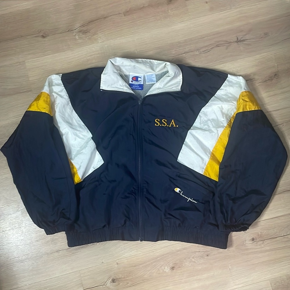 Vintage Champion Zip Up Windbreaker‎ Jacket. Blue, White, Yellow, Large. GUC.